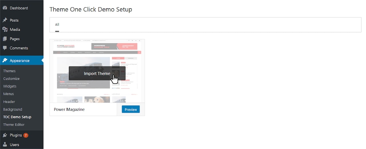 Theme one click demo import