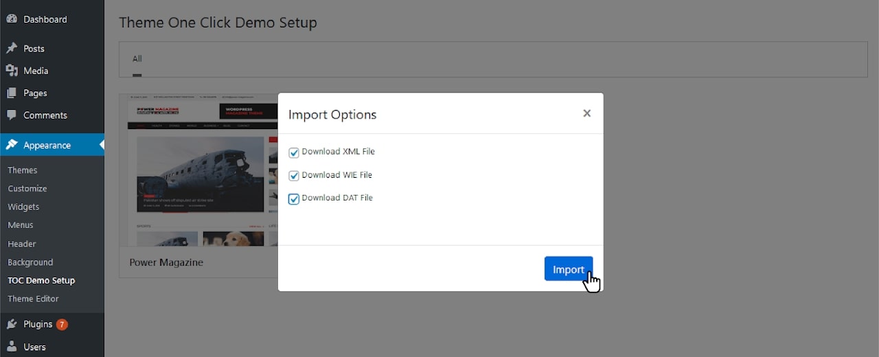 Theme one click demo import