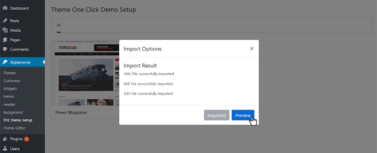 Theme one click demo import